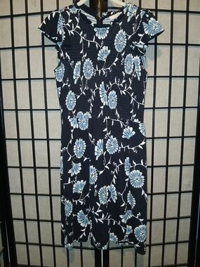 LOFT Navy Floral Smocked Midi Dress with Light Blue Blooms